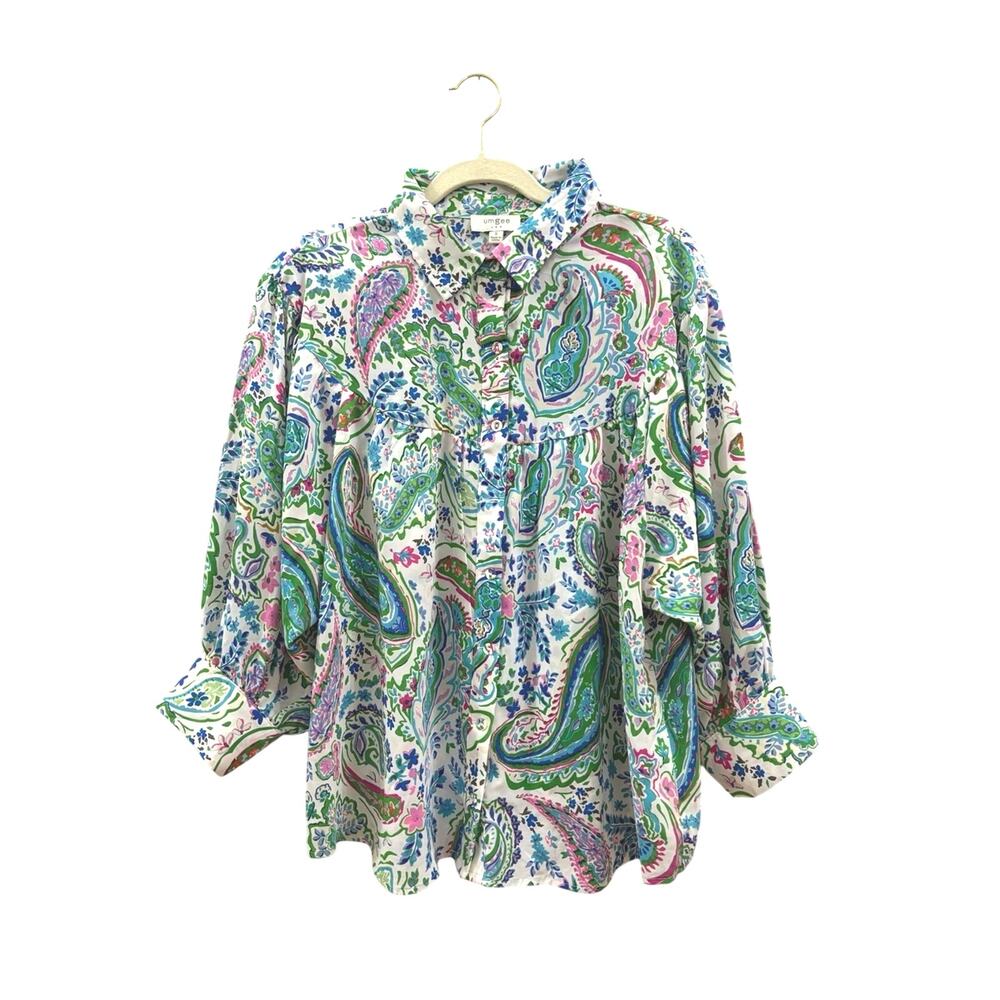 Umgee White Paisley floral Button-Down Blouse with Green & Pink Accents